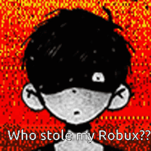 a black and white drawing of a boy with the words who stole my robux written on it .