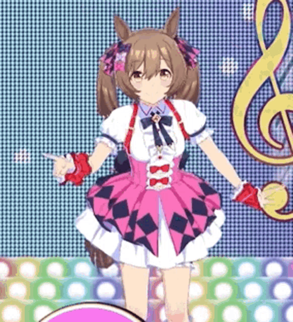a girl in a pink dress is standing in front of a treble clef and holding a pair of scissors .