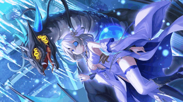 a girl in a blue dress is being attacked by a black dragon