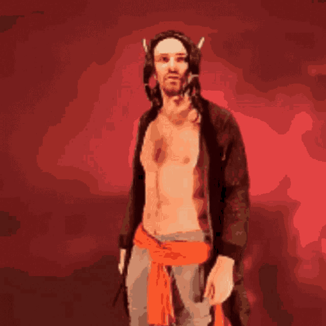 a shirtless man with horns on his head is standing in front of a red wall