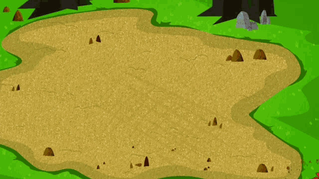a cartoon drawing of a dirt road with rocks in the grass