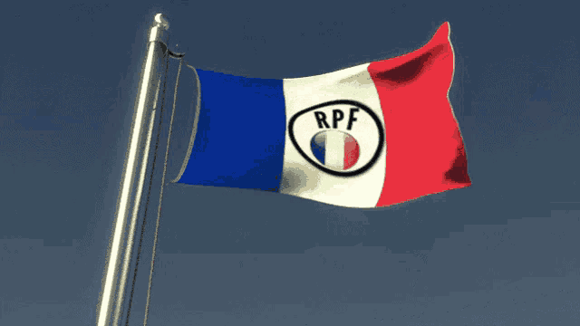 a red white and blue flag with rpf on it
