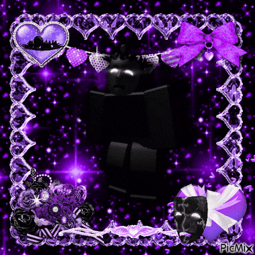 a purple and black frame with hearts and bows and a black mask