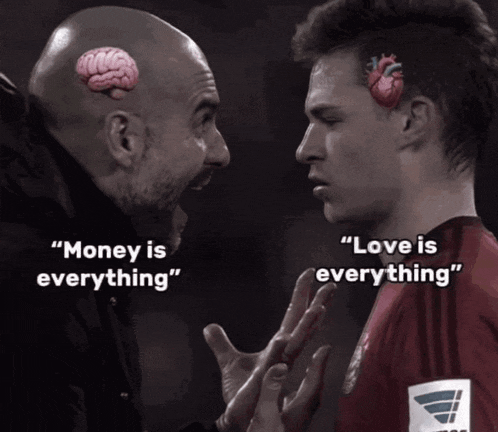 a man with a brain on his head talks to another man with a heart in his ear