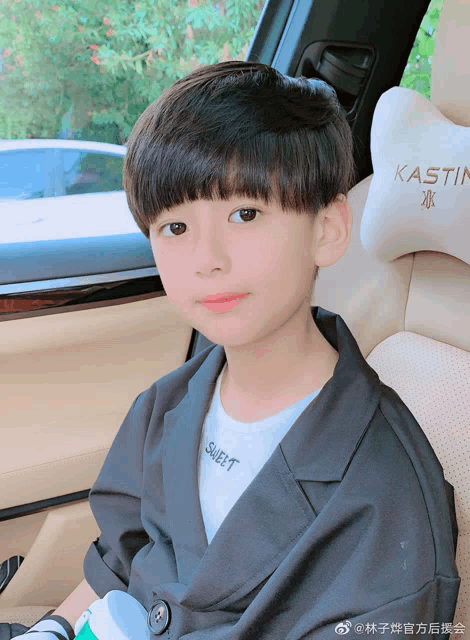 a young boy is sitting in the back seat of a car with a pillow that says kastn on it