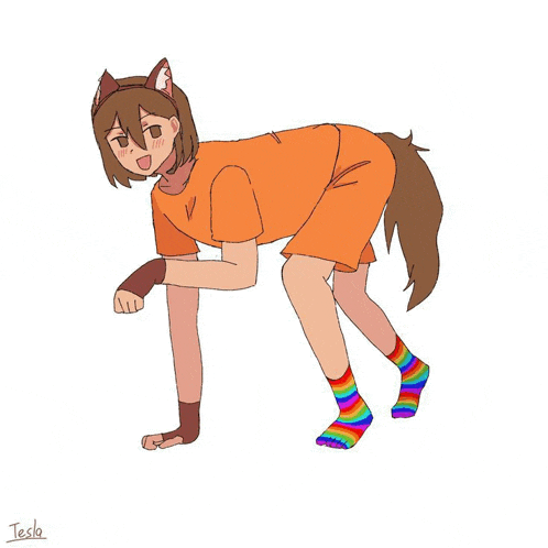 a drawing of a girl dressed as a wolf with rainbow socks and ears