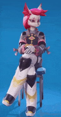a cartoon character is sitting on a chair with her legs crossed
