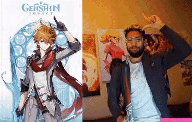 a picture of a genshin impact character next to a picture of a man with glasses