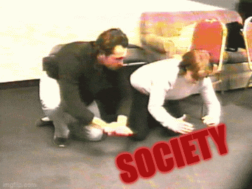 a man is kneeling down next to a woman and the word society is written on the floor