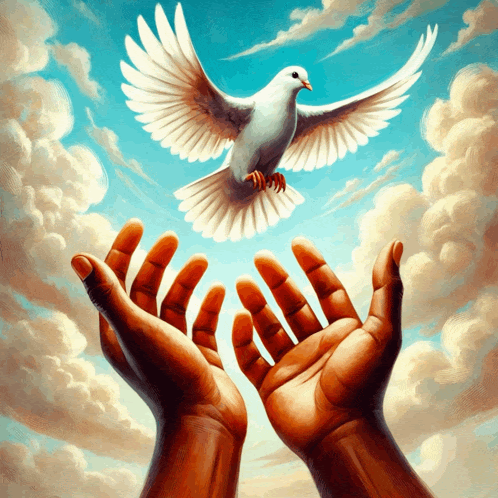 a painting of two hands reaching out towards a white dove in the sky