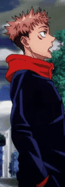 a close up of a person wearing a red scarf and a black jacket .