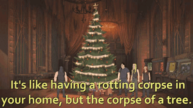 a group of people standing in front of a christmas tree with a quote that says it 's like