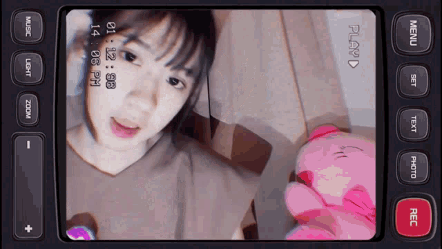 a video recorder shows a woman holding a pink teddy bear and a time of 14:12:39