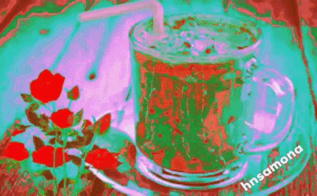 a painting of a cup of tea with a straw and the name hnsamone on the bottom