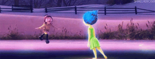 two cartoon characters , joy and sadness , are standing on a ice rink .