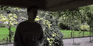 a person in a grey sweater stands in front of a park