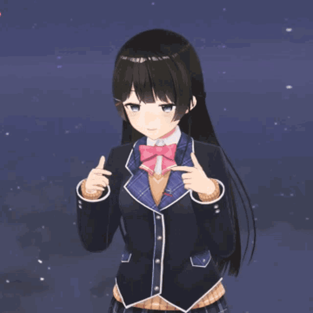 a girl in a school uniform with a pink bow pointing to herself