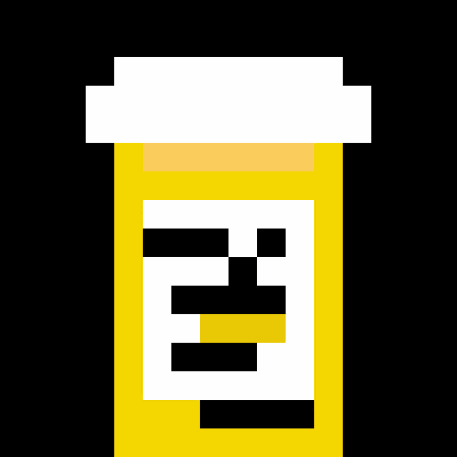 a pixel art illustration of a yellow bottle of pills with a face on it .