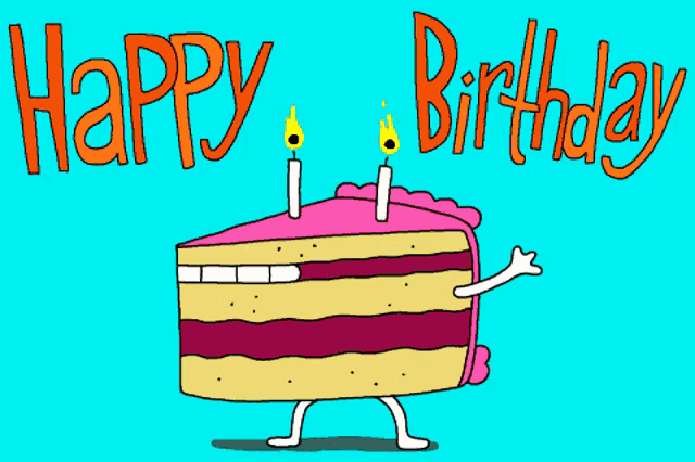 a cartoon drawing of a birthday cake with candles and the words happy birthday written above it