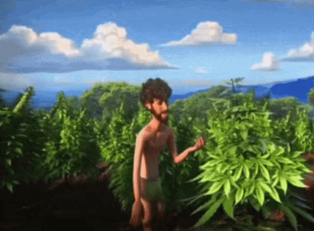 a cartoon of a man standing in a field of plants