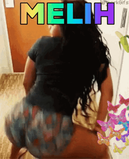 a woman is kneeling down with the word melih written above her