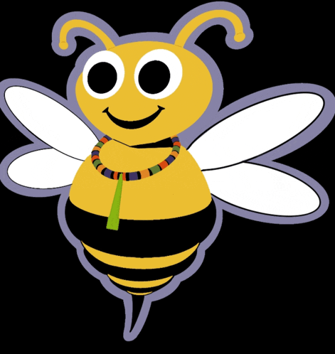 a cartoon bee wearing a green tie and a necklace