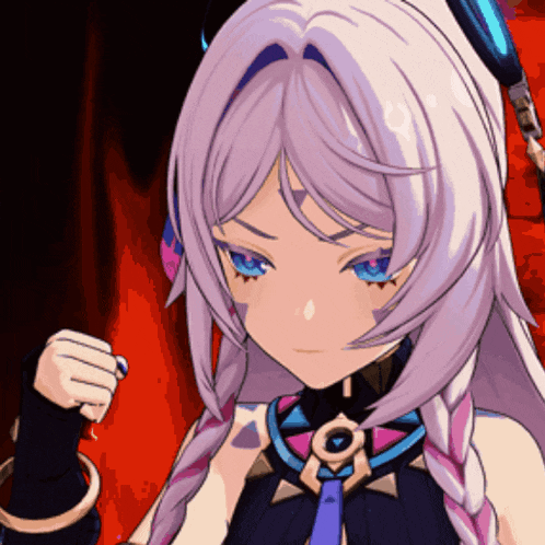 a girl with purple hair and blue eyes holds her fist up in the air