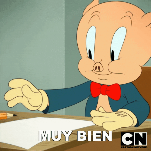 looney tunes porky pig sitting at a desk with a cartoon network logo on the bottom
