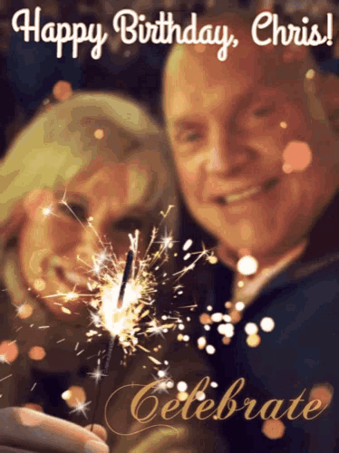 a man and woman holding sparklers with the words happy birthday chris below them