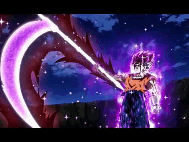 a man in a dragon ball z outfit is holding a purple sword .