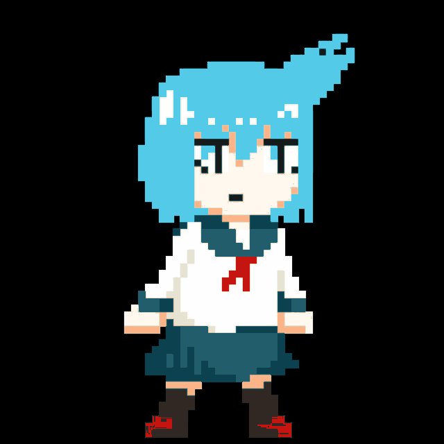 a pixel art of a girl with blue hair and a red tie