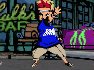 a cartoon character wearing a blue shirt with the letter m on it is standing in front of a purple car