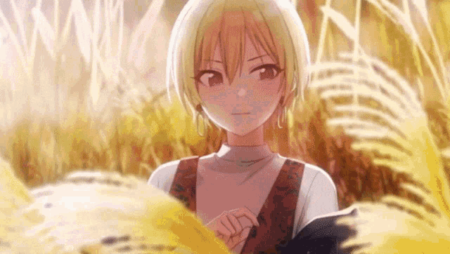 a blonde anime girl is standing in a field of tall grass