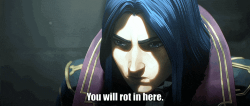 a cartoon character with blue hair says you will rot in here