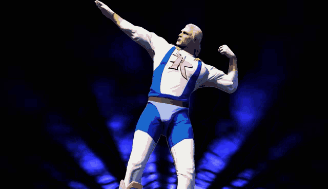 a man in a blue and white superhero outfit with a pink star on his chest