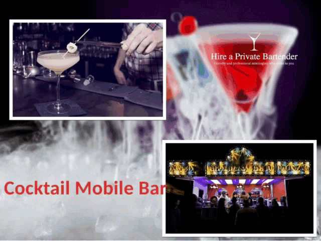 an advertisement for hire a private bartender shows a bartender preparing a cocktail