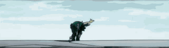 a man is kneeling down on a roof with a dog in the background