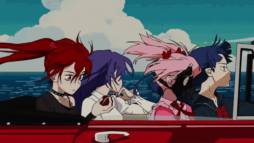 a group of anime characters are sitting in a car near the ocean