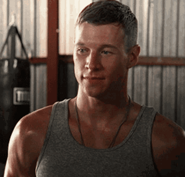 a man in a grey tank top stands in front of a punching bag