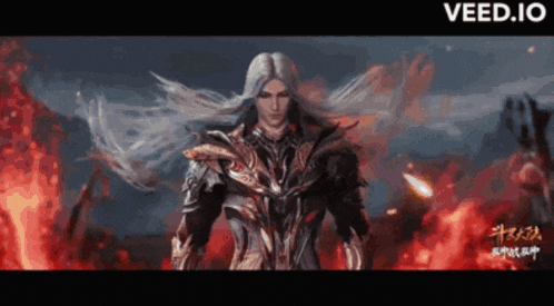 a man with long white hair is standing in front of a fire and the words veed.io are on the bottom