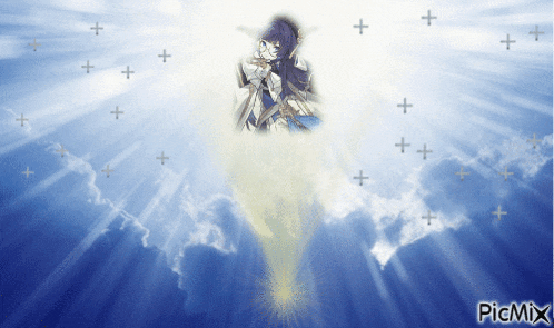 a picture of a girl in the clouds with a picmix logo