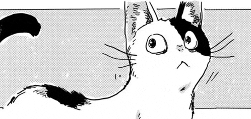 a black and white drawing of a cat with big eyes looking at the camera .