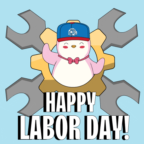 a happy labor day poster with a penguin wearing a hat and a bow tie