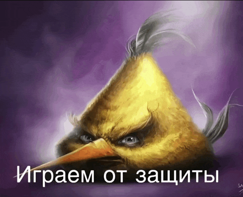 a picture of an angry bird with the words " играем от защиты " on the bottom