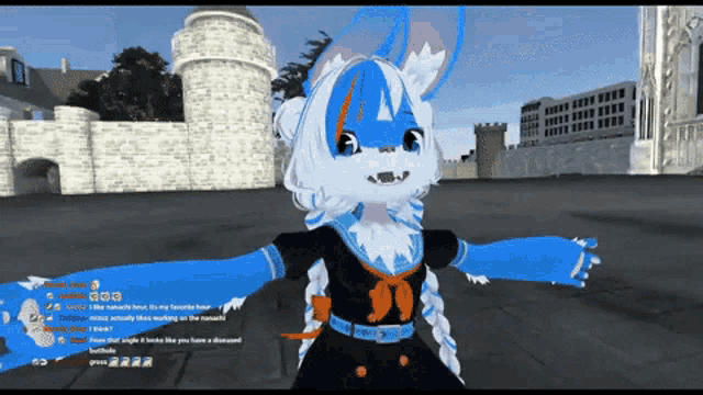 a blue and white furry character is standing in front of a building