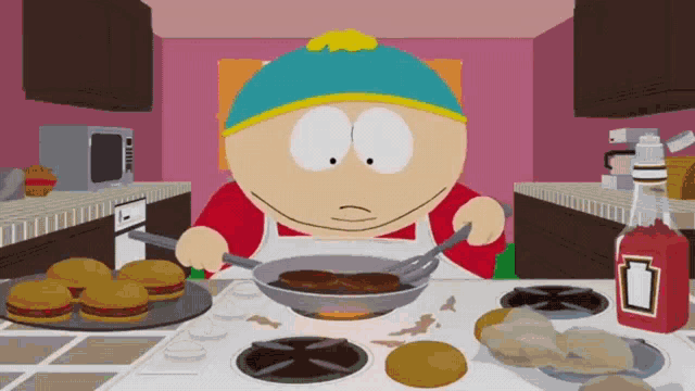 a cartoon character is cooking in a kitchen with a bottle of ketchup