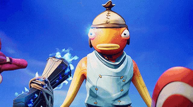 a fish with a helmet on his head is holding a weapon