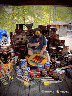 a man sits in a chair surrounded by fireworks including a can that says ' trick ' on it