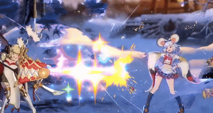 a girl with a mouse on her head is fighting a knight in a video game .