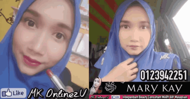 a woman wearing a blue hijab is holding a red lipstick and has the number 0123942255 on her phone